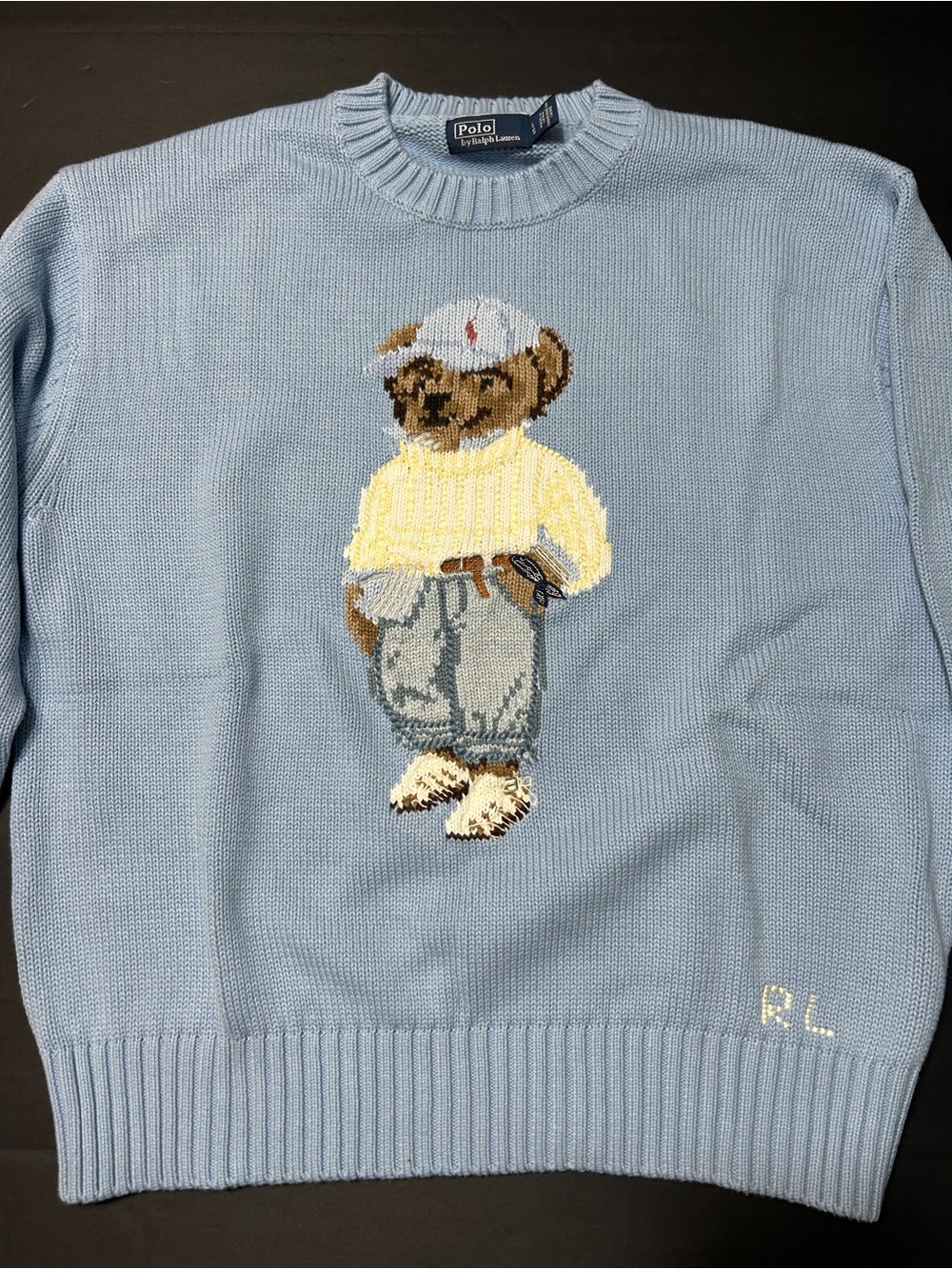 Polo by Ralph Lauren women’s cotton Light Blue Bear Intarsia Crewneck Sweater L - Picture 11 of 16